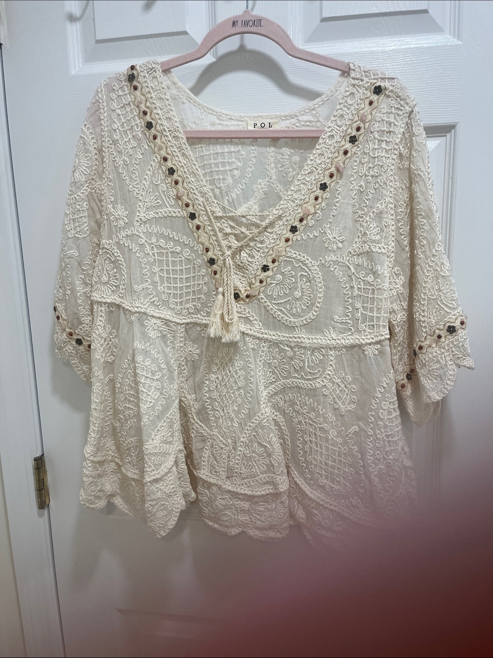 POL Cream Lace-Embroidered V-Neck Boho Tunic